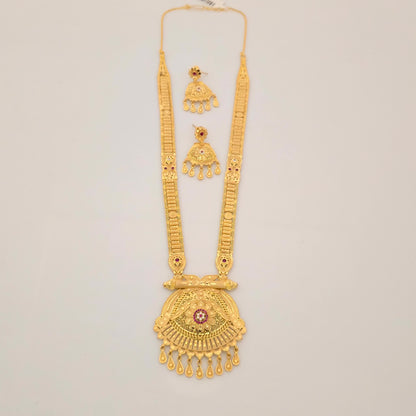 1 Gram Gold (Forming) Long Temple Necklace Set with Earrings & Pendant | Traditional Gold Tone Bridal Haram Jewellery