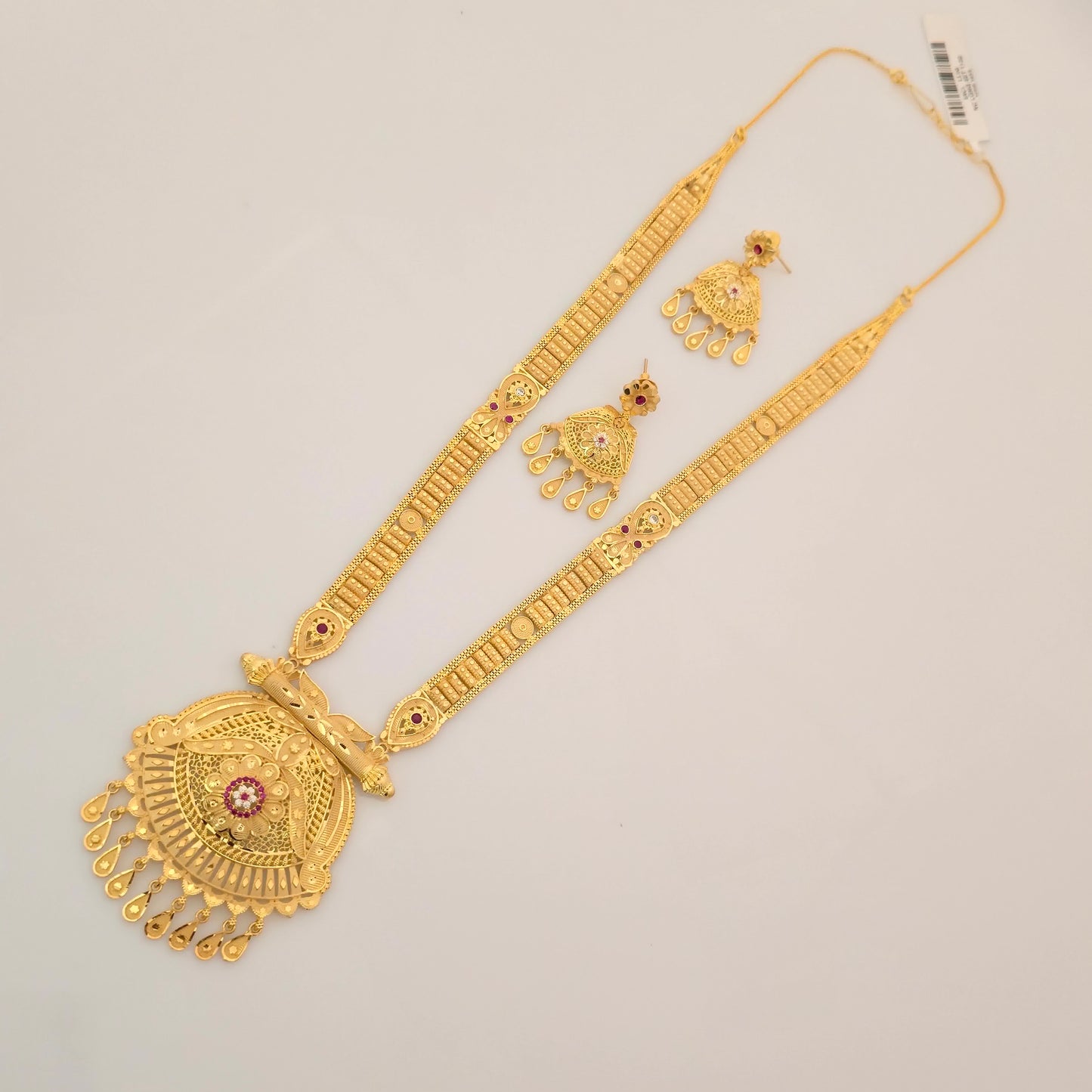 1 Gram Gold (Forming) Long Temple Necklace Set with Earrings & Pendant | Traditional Gold Tone Bridal Haram Jewellery