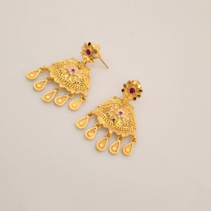1 Gram Gold (Forming) Long Temple Necklace Set with Earrings & Pendant | Traditional Gold Tone Bridal Haram Jewellery