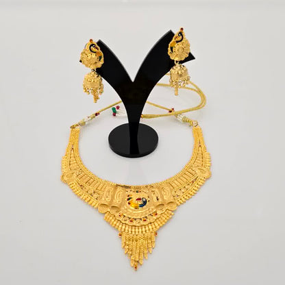 1 Gram Gold (Forming) Gold Tone Peacock Design Traditional Necklace Set with Earrings | Designer Antique Jewellery for Women