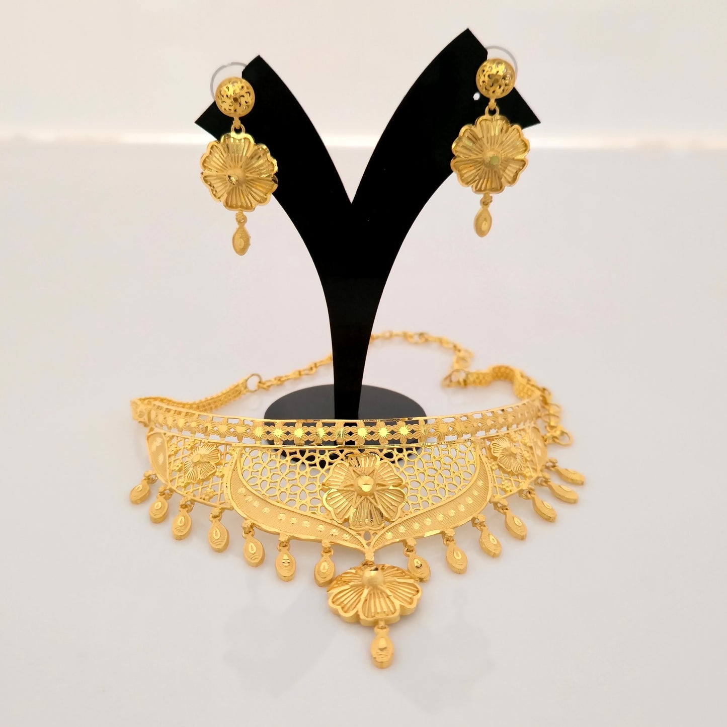 1 Gram Gold (Forming) Gold Tone Floral Choker Necklace Set | Traditional Designer Necklace with Earrings for Women