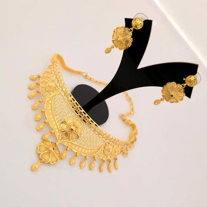 1 Gram Gold (Forming) Gold Tone Floral Choker Necklace Set | Traditional Designer Necklace with Earrings for Women