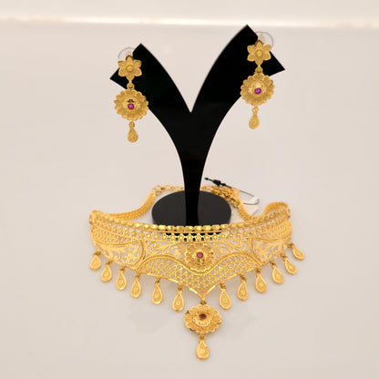 1 Gram Gold (Forming) Gold Tone Pink Stone Floral Cutwork Choker Necklace Set | Traditional Designer Necklace with Earrings for Women