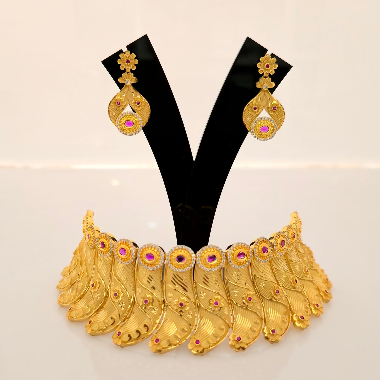 1.5 Gram Gold (Forming) Gold Tone Pink Stone AD/Zirconia Necklace Set | Designer Choker Necklace with Earrings for Women