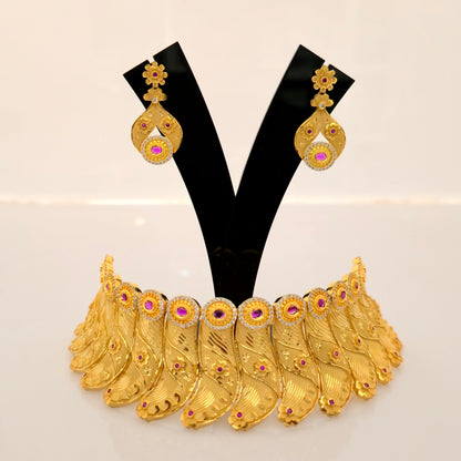 1.5 Gram Gold (Forming) Gold Tone Pink Stone AD/Zirconia Necklace Set | Designer Choker Necklace with Earrings for Women
