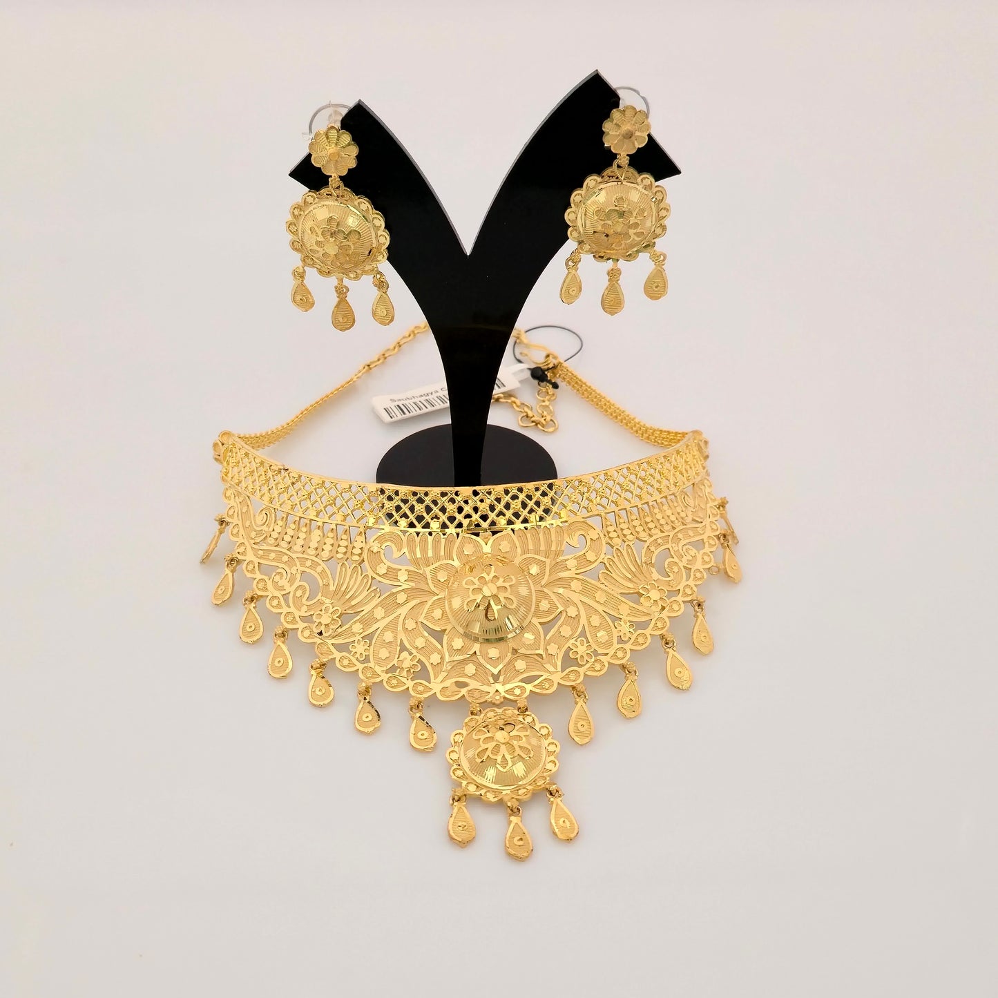 1 Gram Gold (Forming) Gold Tone Heavy Floral Antique Choker Necklace Set | Traditional Designer Necklace with Earrings for Women