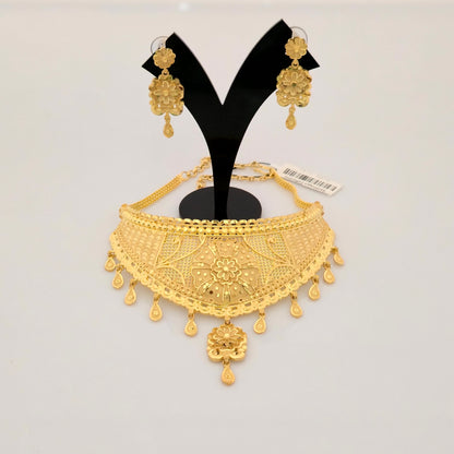 1 Gram Gold (Forming) Gold Tone Floral Antique Choker Necklace Set | Traditional Designer Necklace with Earrings for Women