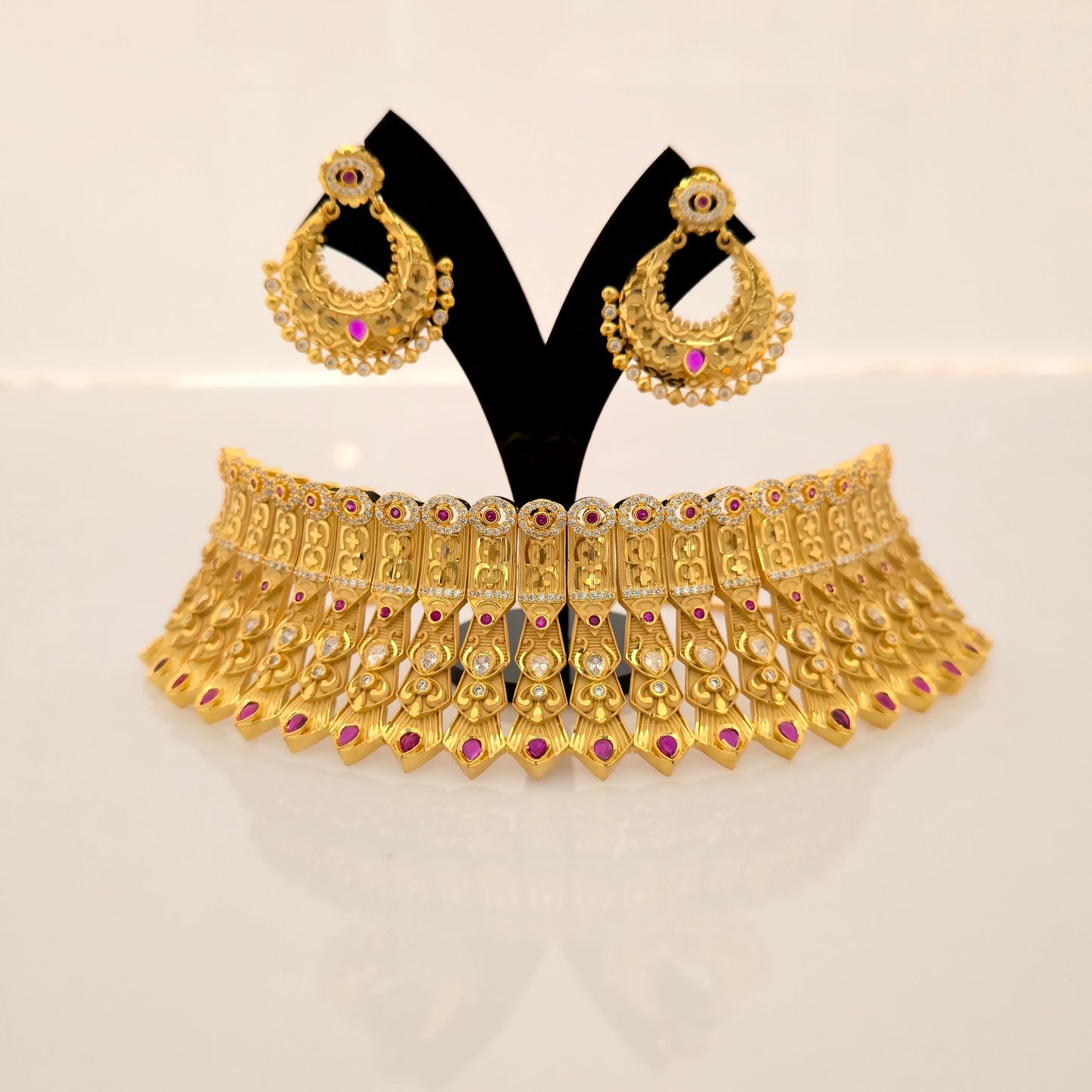 1.5 Gram Gold (Forming) Gold Tone Pink Stone AD/Zirconia Heavy Choker Necklace Set | Designer Traditional Bridal Necklace with Earrings for Women