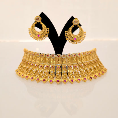 1.5 Gram Gold (Forming) Gold Tone Pink Stone AD/Zirconia Heavy Choker Necklace Set | Designer Traditional Bridal Necklace with Earrings for Women