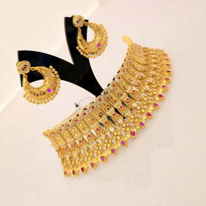 1.5 Gram Gold (Forming) Gold Tone Pink Stone AD/Zirconia Heavy Choker Necklace Set | Designer Traditional Bridal Necklace with Earrings for Women