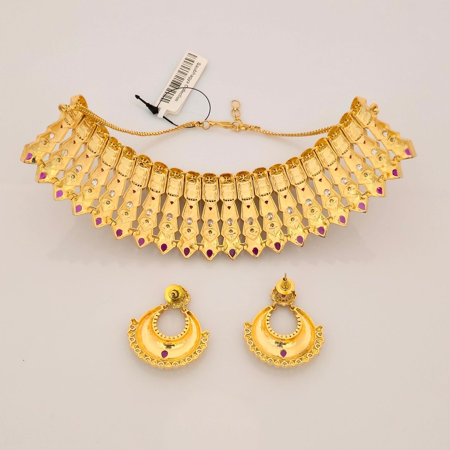 1.5 Gram Gold (Forming) Gold Tone Pink Stone AD/Zirconia Heavy Choker Necklace Set | Designer Traditional Bridal Necklace with Earrings for Women