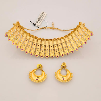1.5 Gram Gold (Forming) Gold Tone Pink Stone AD/Zirconia Heavy Choker Necklace Set | Designer Traditional Bridal Necklace with Earrings for Women