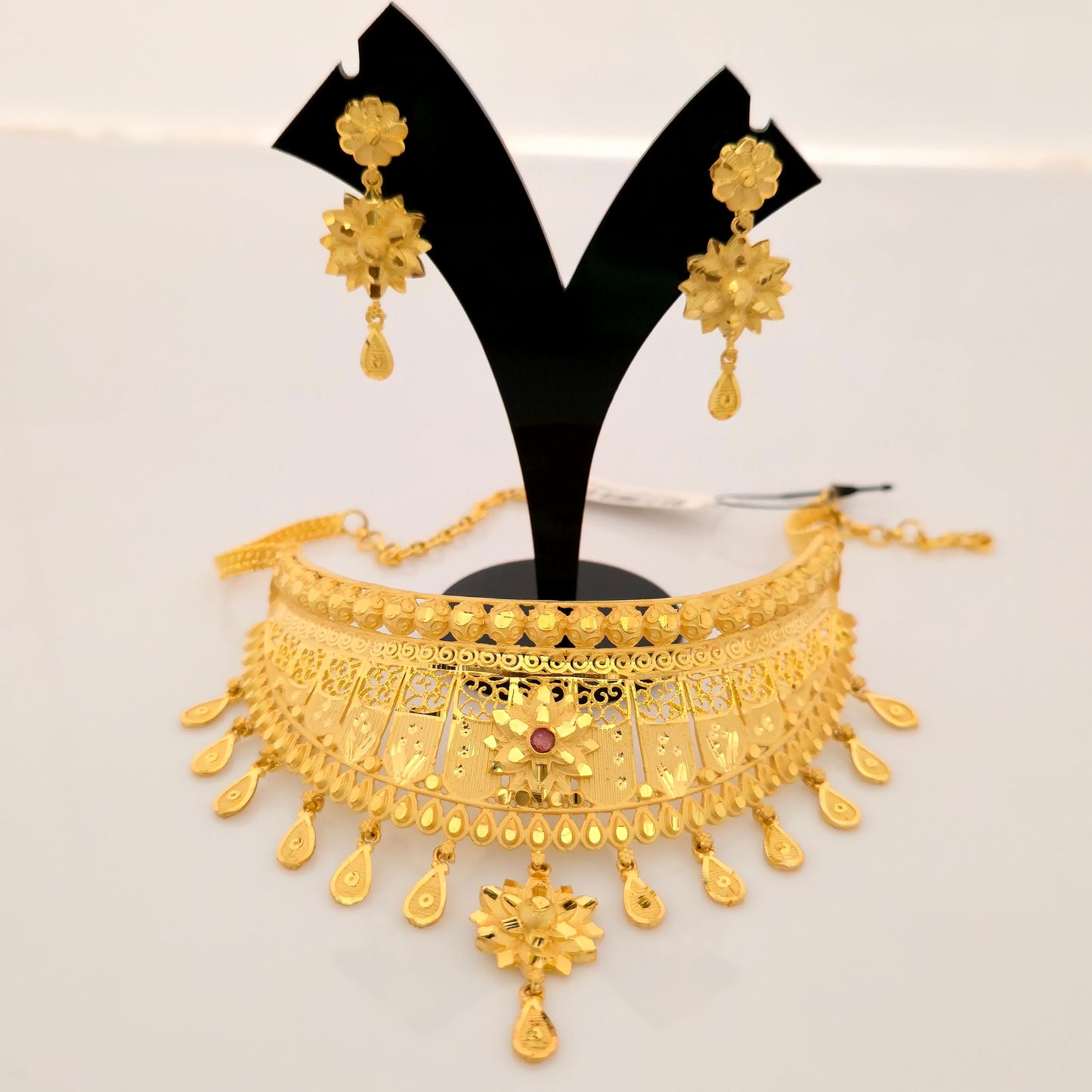 1 Gram Gold (Forming) Gold Tone Floral Traditional Choker Necklace Set with Earrings | Antique Designer Jewellery for Women