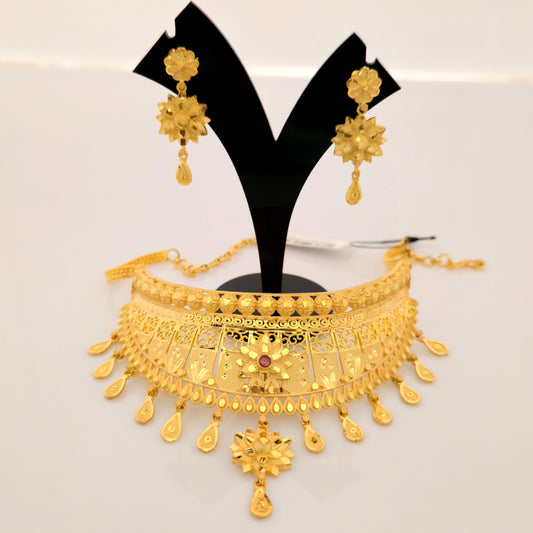 1 Gram Gold (Forming) Gold Tone Floral Traditional Choker Necklace Set with Earrings | Antique Designer Jewellery for Women