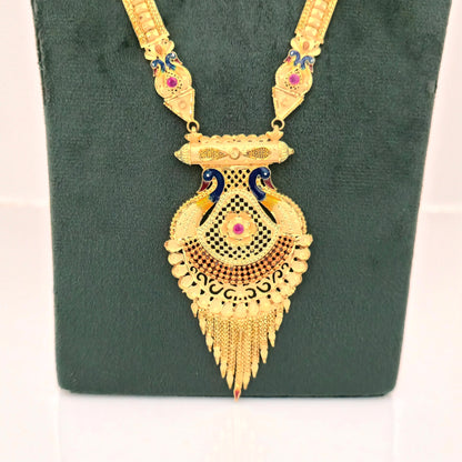 1 Gram Gold (Forming) Long Peacock Temple Necklace Set with Earrings | Traditional Bridal Haram Jewellery