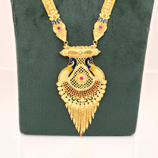 1 Gram Gold (Forming) Long Peacock Temple Necklace Set with Earrings | Traditional Bridal Haram Jewellery