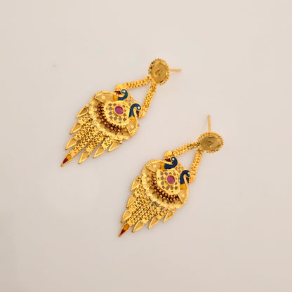 1 Gram Gold (Forming) Long Peacock Temple Necklace Set with Earrings | Traditional Bridal Haram Jewellery