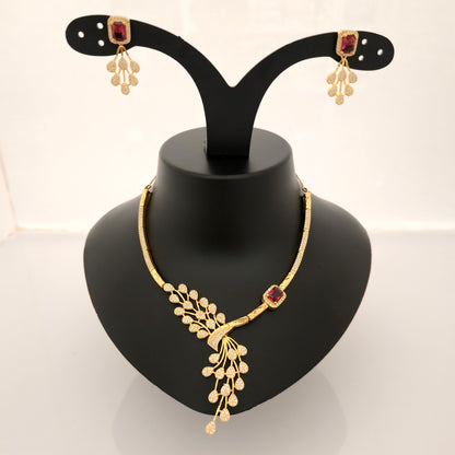 1.5 Gram Gold (Forming) Gold Tone Red Stone AD/Zirconia Necklace Set | Elegant Designer Leaf Style Necklace with Earrings for Women