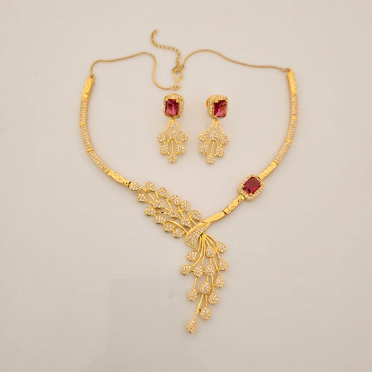 1.5 Gram Gold (Forming) Gold Tone Red Stone AD/Zirconia Necklace Set | Elegant Designer Leaf Style Necklace with Earrings for Women