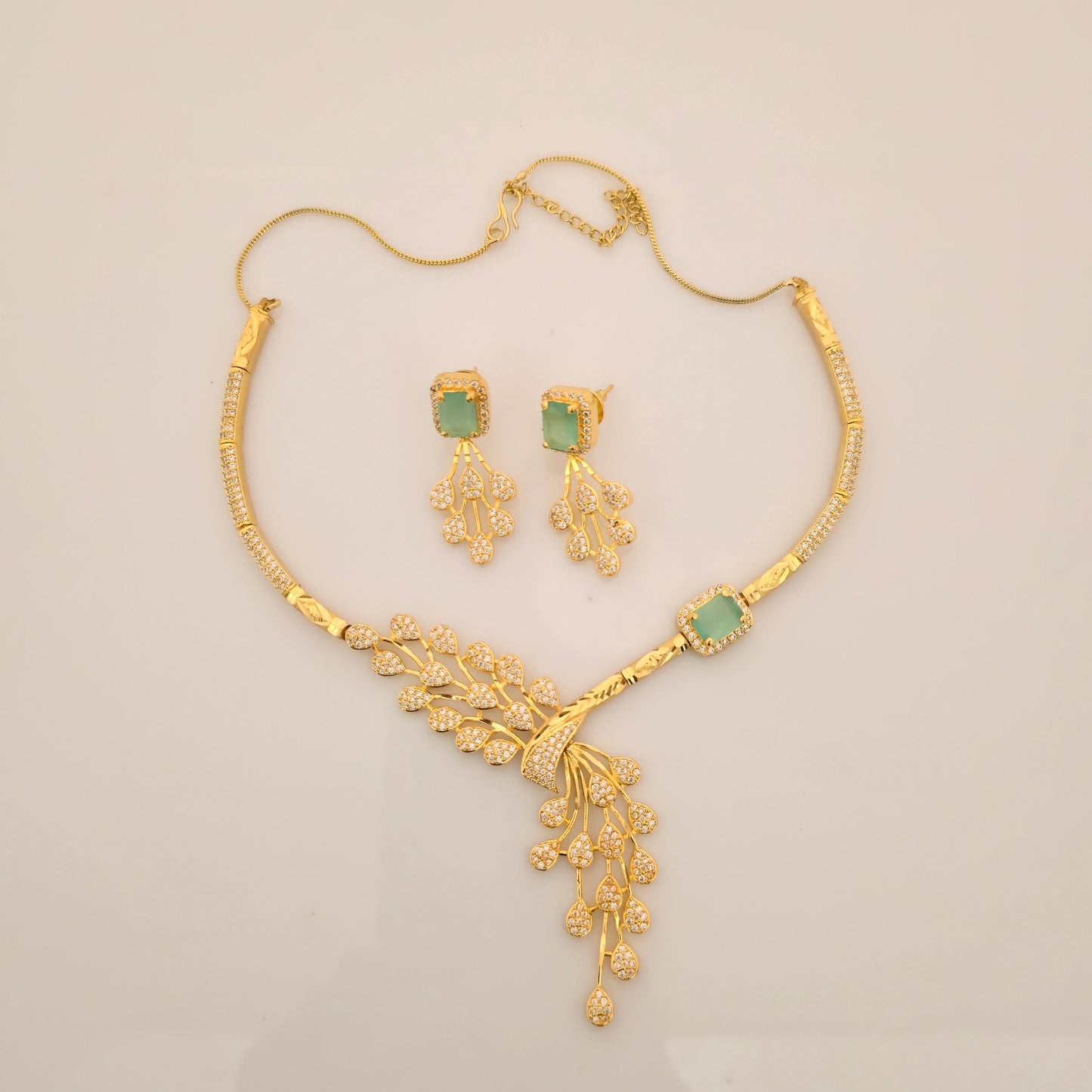 1.5 Gram Gold (Forming) Gold Tone Red Stone AD/Zirconia Necklace Set | Elegant Designer Leaf Style Necklace with Earrings for Women