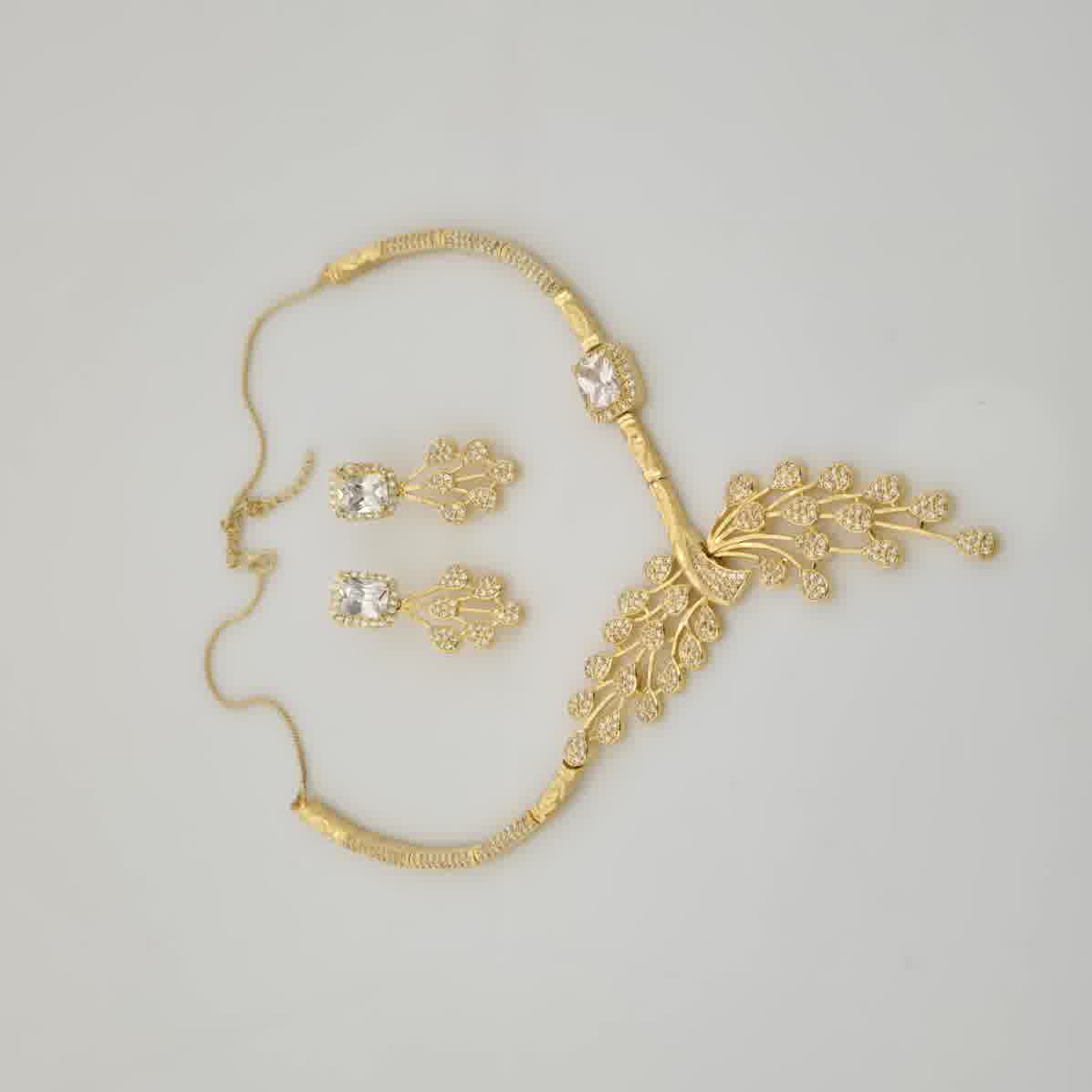 1.5 Gram Gold (Forming) Gold Tone Red Stone AD/Zirconia Necklace Set | Elegant Designer Leaf Style Necklace with Earrings for Women