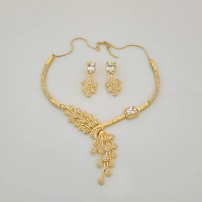 1.5 Gram Gold (Forming) Gold Tone Red Stone AD/Zirconia Necklace Set | Elegant Designer Leaf Style Necklace with Earrings for Women