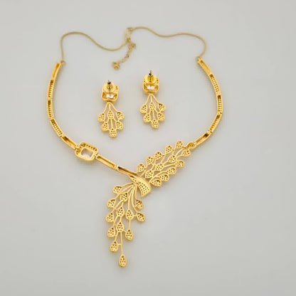 1.5 Gram Gold (Forming) Gold Tone Red Stone AD/Zirconia Necklace Set | Elegant Designer Leaf Style Necklace with Earrings for Women