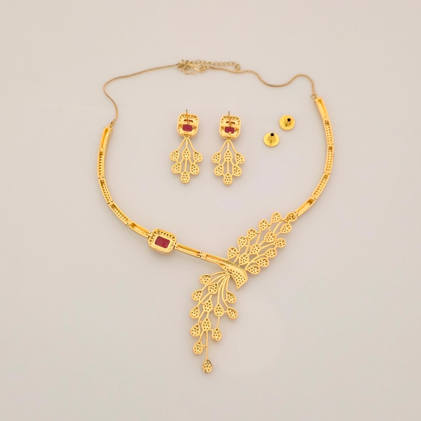 1.5 Gram Gold (Forming) Gold Tone Red Stone AD/Zirconia Necklace Set | Elegant Designer Leaf Style Necklace with Earrings for Women