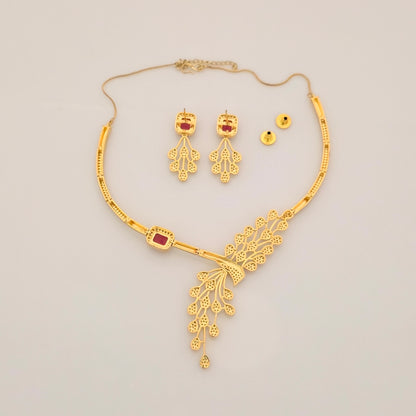 1.5 Gram Gold (Forming) Gold Tone Red Stone AD/Zirconia Necklace Set | Elegant Designer Leaf Style Necklace with Earrings for Women