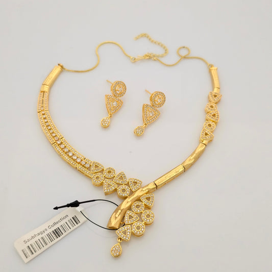 1.5 Gram Gold (Forming) Gold Tone White Stone AD/Zirconia Designer Necklace Set | Stylish Asymmetrical Necklace with Earrings for Women