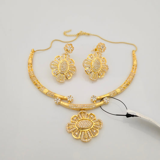1.5 Gram Gold (Forming) Gold Tone White Stone AD/Zirconia Floral Pendant Necklace Set | Elegant Designer Necklace with Earrings for Women