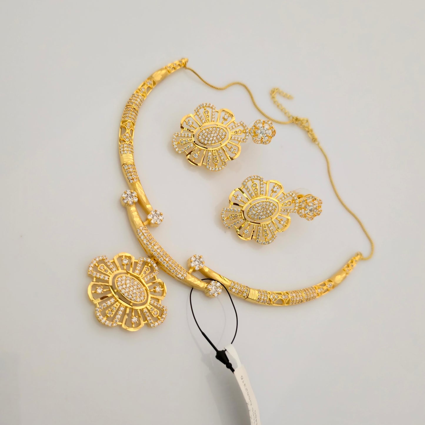 1.5 Gram Gold (Forming) Gold Tone White Stone AD/Zirconia Floral Pendant Necklace Set | Elegant Designer Necklace with Earrings for Women