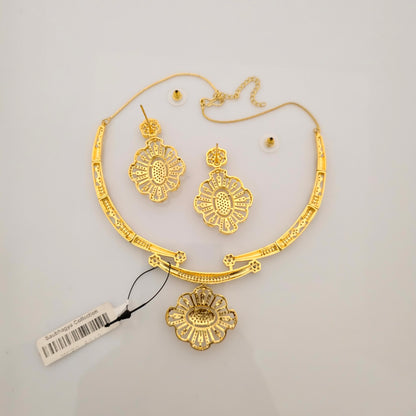1.5 Gram Gold (Forming) Gold Tone White Stone AD/Zirconia Floral Pendant Necklace Set | Elegant Designer Necklace with Earrings for Women