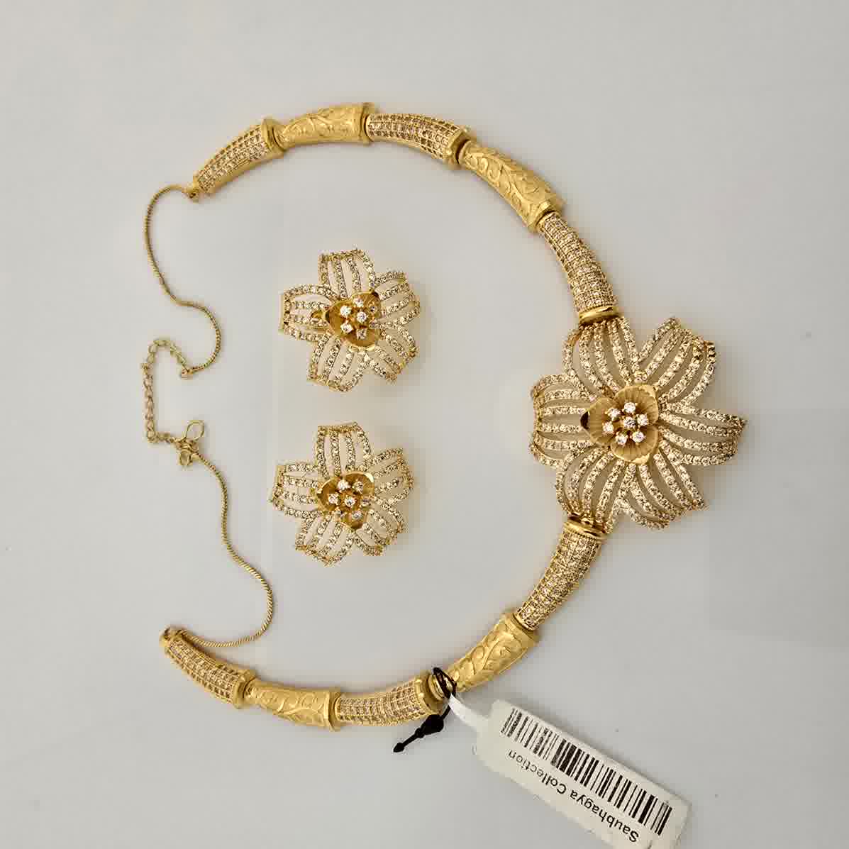 1.5 Gram Gold (Forming) Gold Tone White Stone AD/Zirconia Floral Necklace Set | Designer Flower Pendant Necklace with Earrings for Women