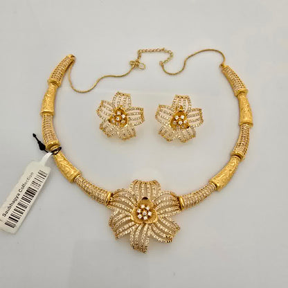 1.5 Gram Gold (Forming) Gold Tone White Stone AD/Zirconia Floral Necklace Set | Designer Flower Pendant Necklace with Earrings for Women