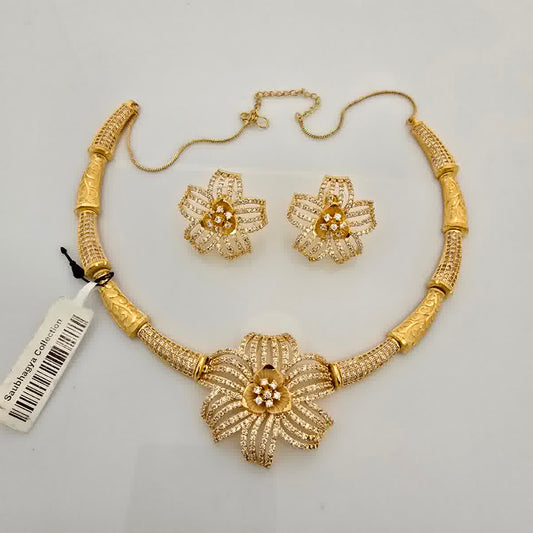 1.5 Gram Gold (Forming) Gold Tone White Stone AD/Zirconia Floral Necklace Set | Designer Flower Pendant Necklace with Earrings for Women