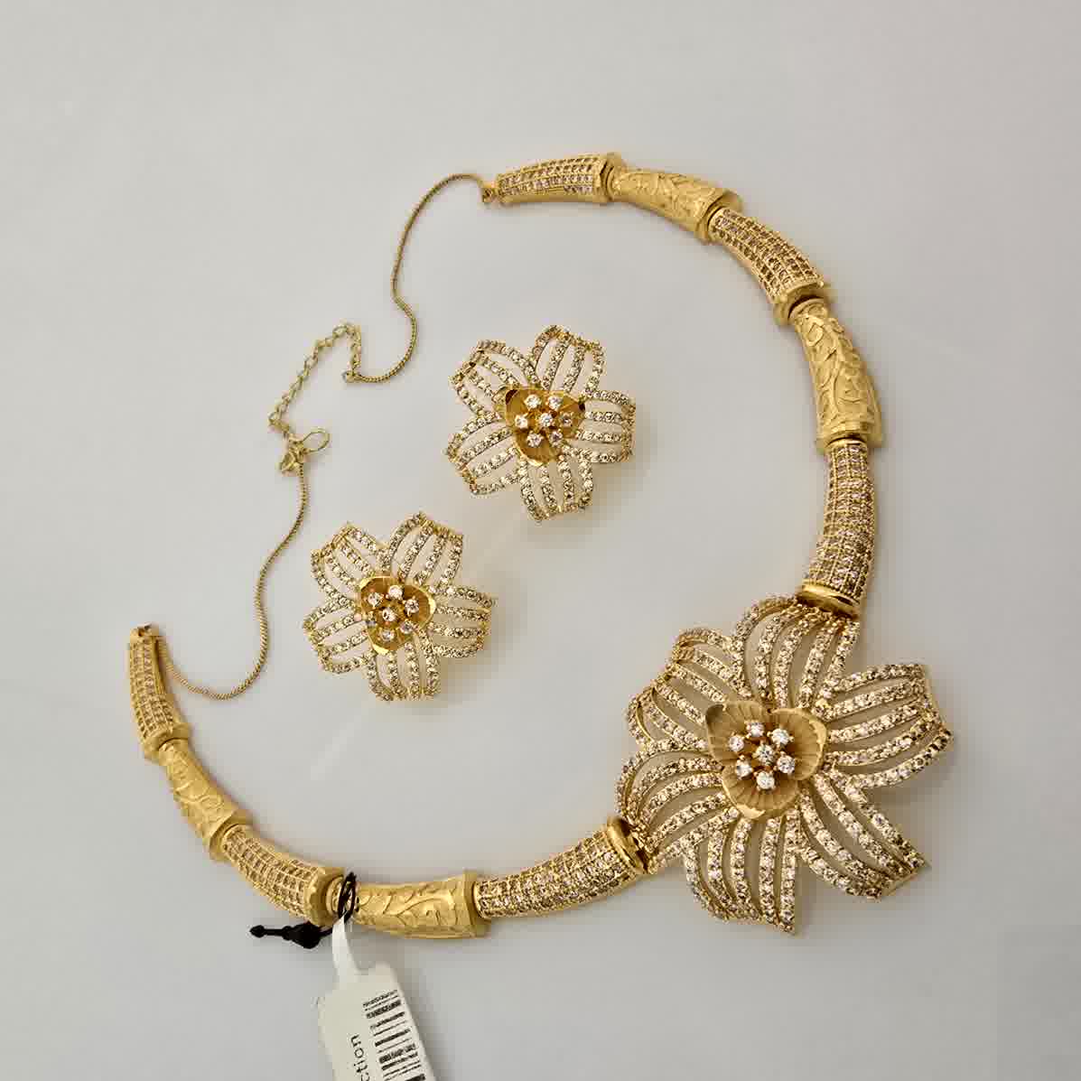 1.5 Gram Gold (Forming) Gold Tone White Stone AD/Zirconia Floral Necklace Set | Designer Flower Pendant Necklace with Earrings for Women