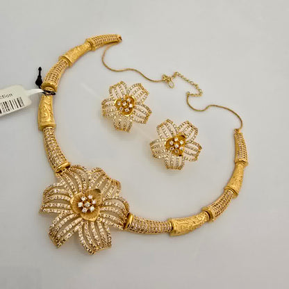 1.5 Gram Gold (Forming) Gold Tone White Stone AD/Zirconia Floral Necklace Set | Designer Flower Pendant Necklace with Earrings for Women
