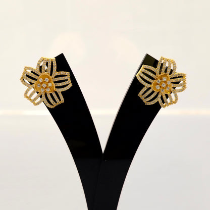 1.5 Gram Gold (Forming) Gold Tone White Stone AD/Zirconia Floral Necklace Set | Designer Flower Pendant Necklace with Earrings for Women