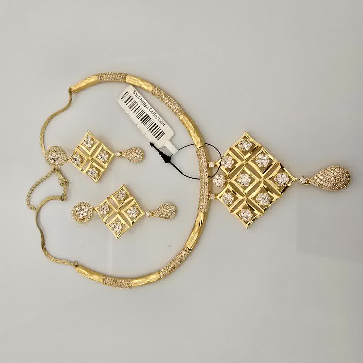 1.5 Gram Gold (Forming) Gold Tone White Stone AD/Zirconia Geometric Pendant Necklace Set | Designer Square Drop Necklace with Earrings for Women