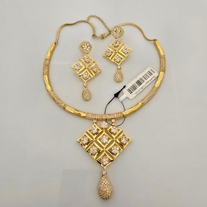 1.5 Gram Gold (Forming) Gold Tone White Stone AD/Zirconia Geometric Pendant Necklace Set | Designer Square Drop Necklace with Earrings for Women