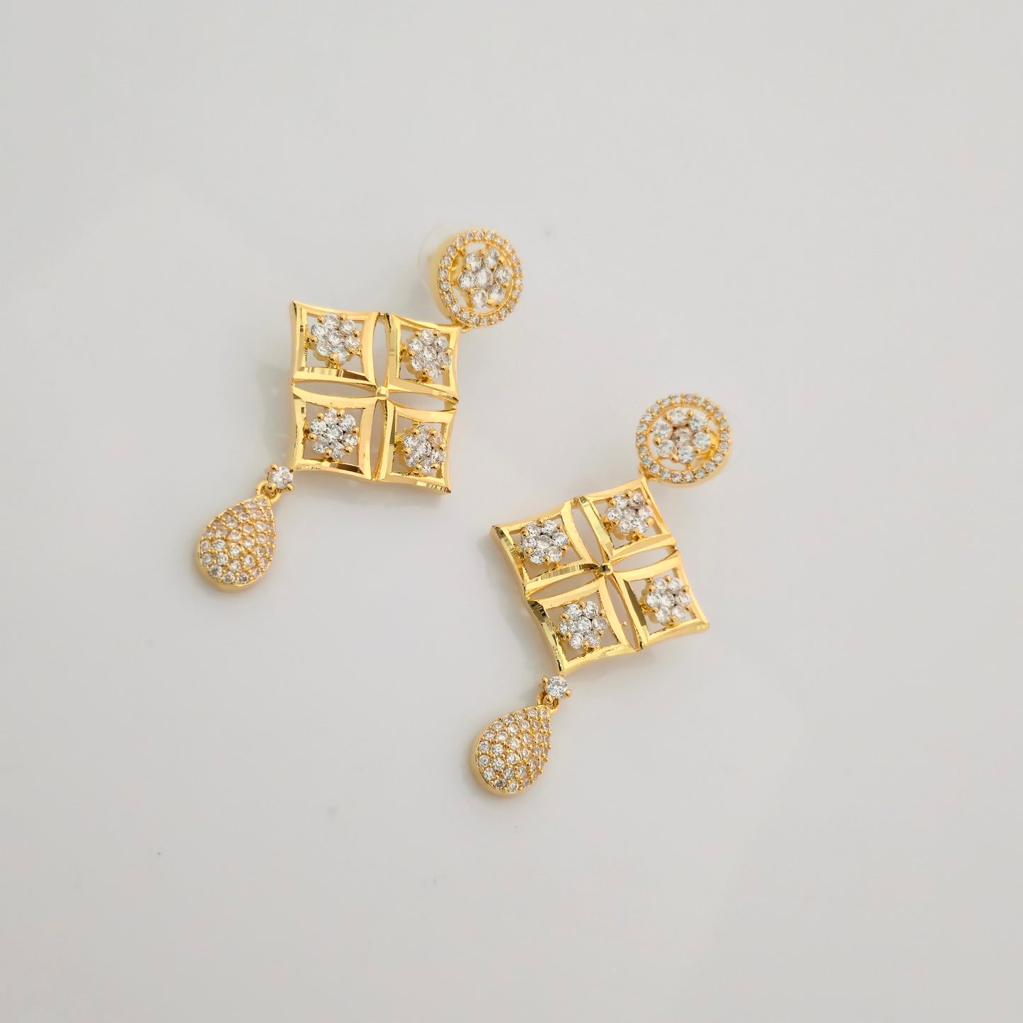 1.5 Gram Gold (Forming) Gold Tone White Stone AD/Zirconia Geometric Pendant Necklace Set | Designer Square Drop Necklace with Earrings for Women
