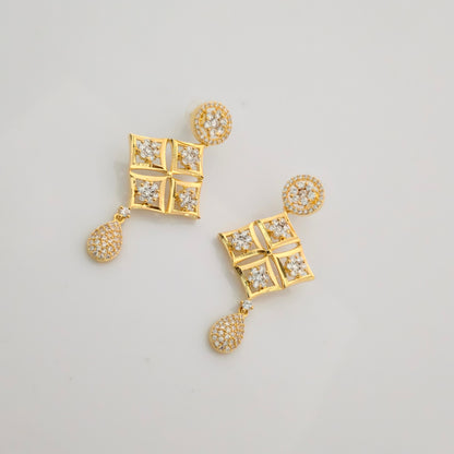 1.5 Gram Gold (Forming) Gold Tone White Stone AD/Zirconia Geometric Pendant Necklace Set | Designer Square Drop Necklace with Earrings for Women