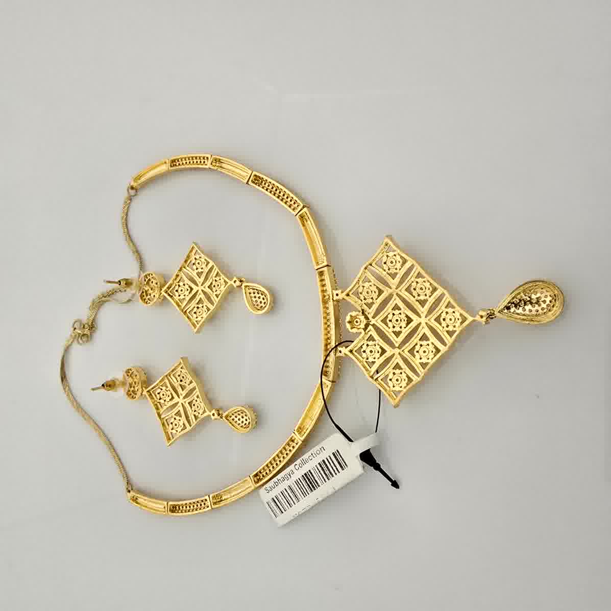 1.5 Gram Gold (Forming) Gold Tone White Stone AD/Zirconia Geometric Pendant Necklace Set | Designer Square Drop Necklace with Earrings for Women