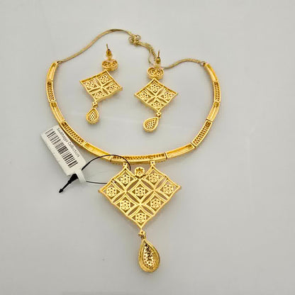 1.5 Gram Gold (Forming) Gold Tone White Stone AD/Zirconia Geometric Pendant Necklace Set | Designer Square Drop Necklace with Earrings for Women
