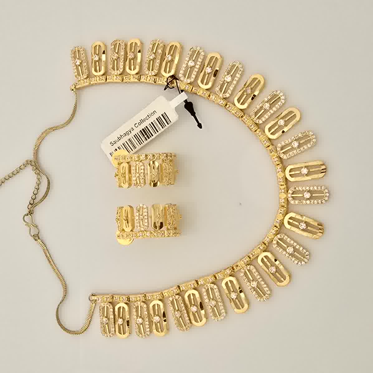 1.5 Gram Gold (Forming) Gold Tone White Stone AD/Zirconia Designer Link Pattern Necklace Set | Elegant Drop Style Necklace with Earrings for Women
