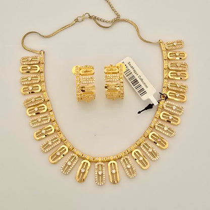 1.5 Gram Gold (Forming) Gold Tone White Stone AD/Zirconia Designer Link Pattern Necklace Set | Elegant Drop Style Necklace with Earrings for Women