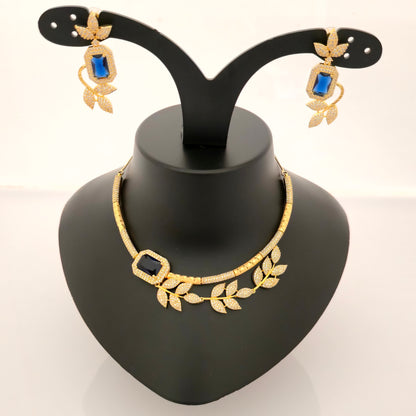 1.5 Gram Gold (Forming) Gold Tone Pink Stone AD/Zirconia Leaf Design Necklace Set | Elegant Designer Necklace with Earrings for Women