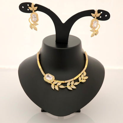 1.5 Gram Gold (Forming) Gold Tone Pink Stone AD/Zirconia Leaf Design Necklace Set | Elegant Designer Necklace with Earrings for Women
