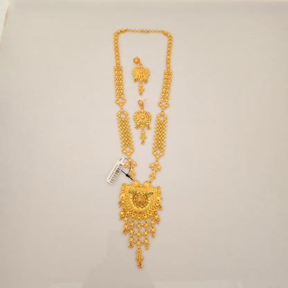 1 Gram Gold (Forming) Long Temple Necklace Set with Antique Pendant & Layered Chain | Bridal Haram Jewellery